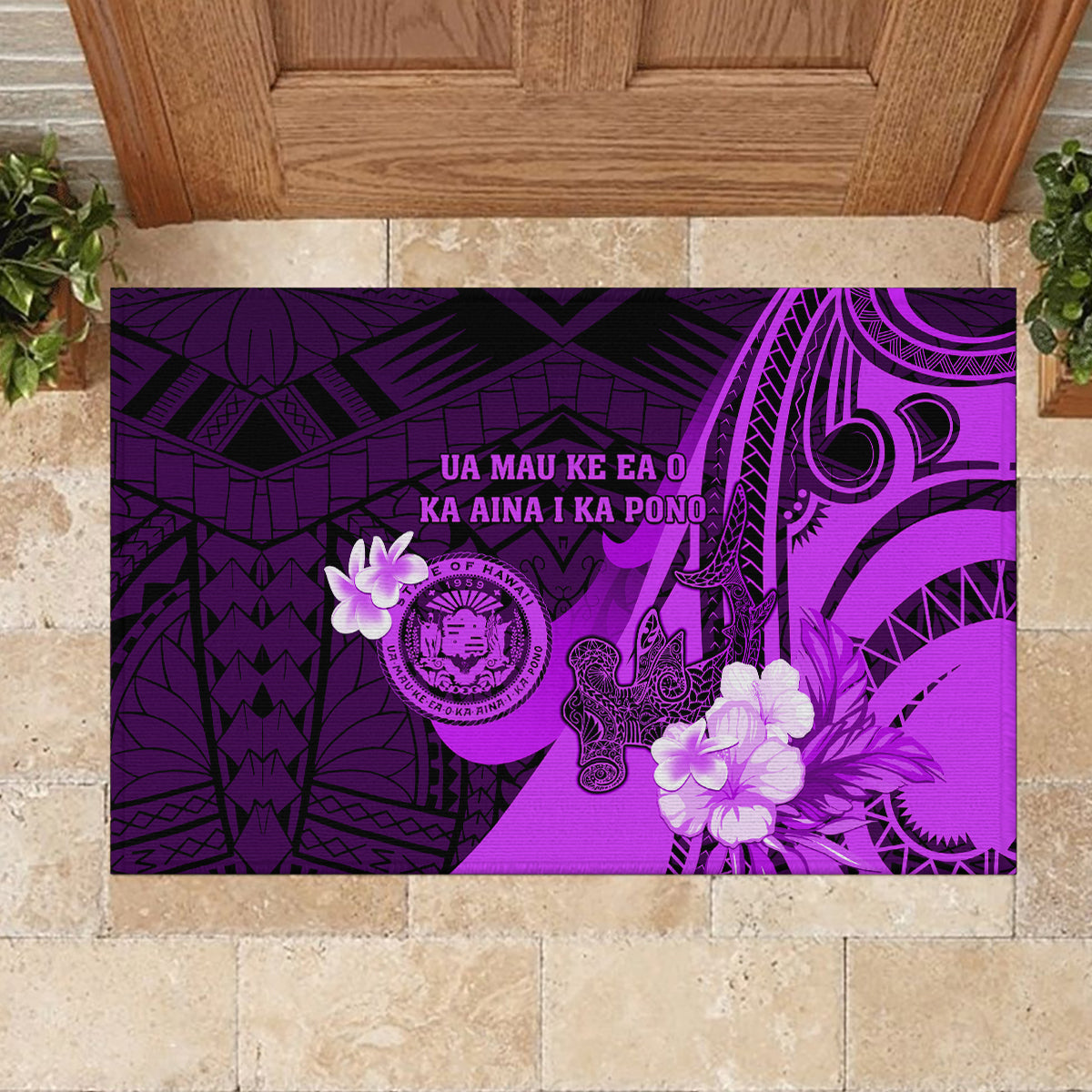 Hawaii State Motto Rubber Doormat Hawaiian Tribal Purple Hammerhead Shark LT05 - Polynesian Pride