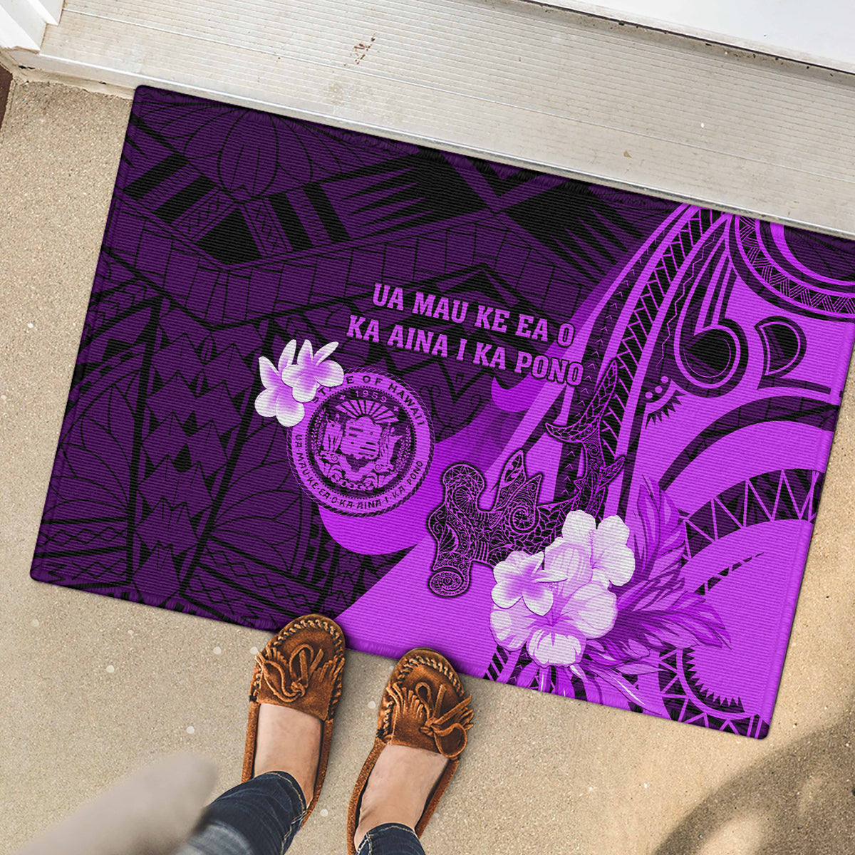 Hawaii State Motto Rubber Doormat Hawaiian Tribal Purple Hammerhead Shark LT05 - Polynesian Pride