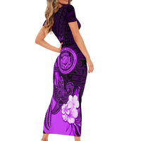 Personalised Hawaii State Motto Short Sleeve Bodycon Dress Hawaiian Tribal Purple Hammerhead Shark LT05 - Polynesian Pride