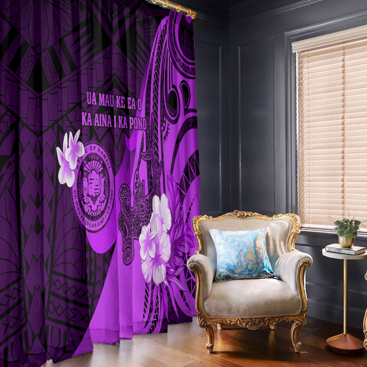 Hawaii State Motto Window Curtain Hawaiian Tribal Purple Hammerhead Shark LT05 - Polynesian Pride