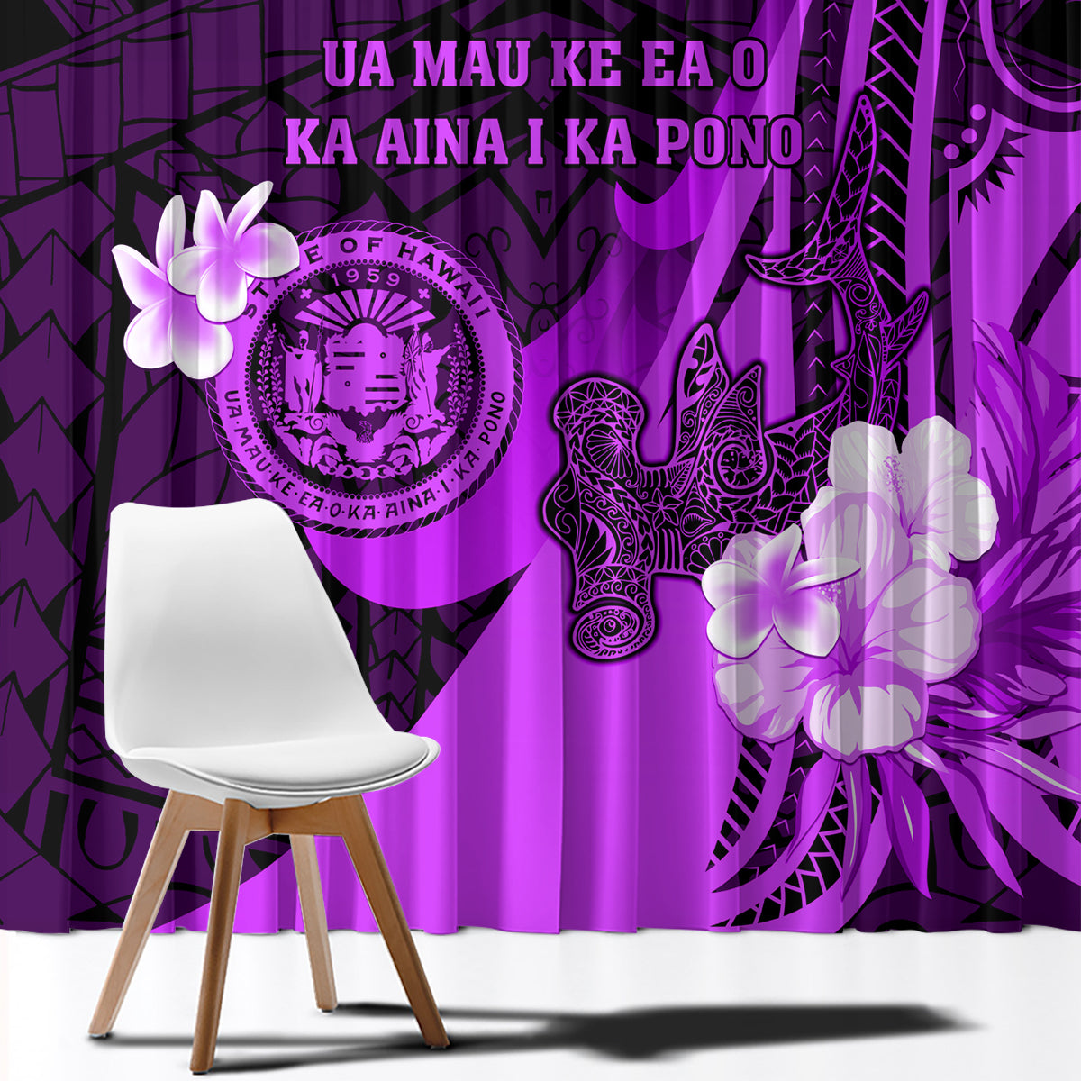 Hawaii State Motto Window Curtain Hawaiian Tribal Purple Hammerhead Shark LT05 - Polynesian Pride