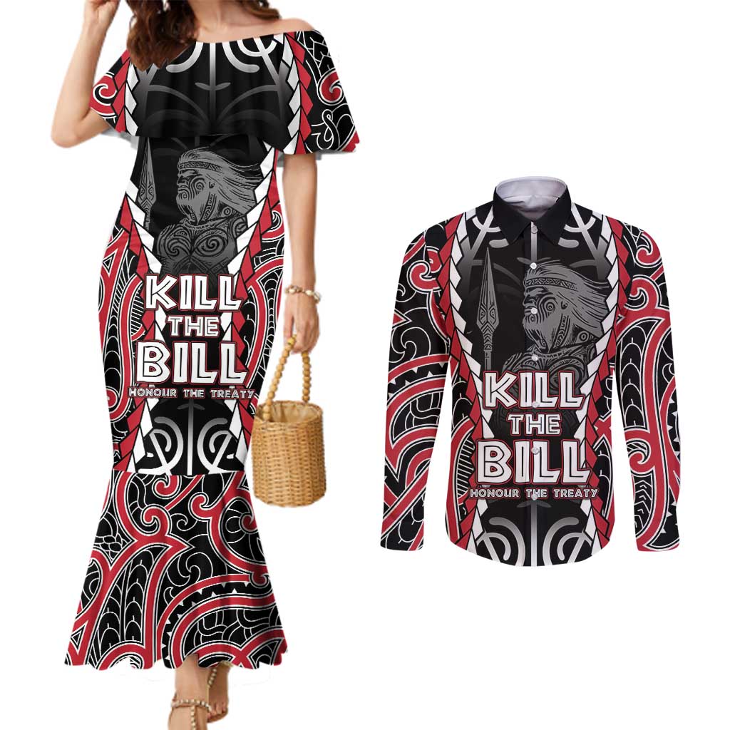 Aotearoa Waitangi Day Couples Matching Mermaid Dress and Long Sleeve Button Shirt Maori Warrior Tribal Tattoo LT05 Black - Polynesian Pride