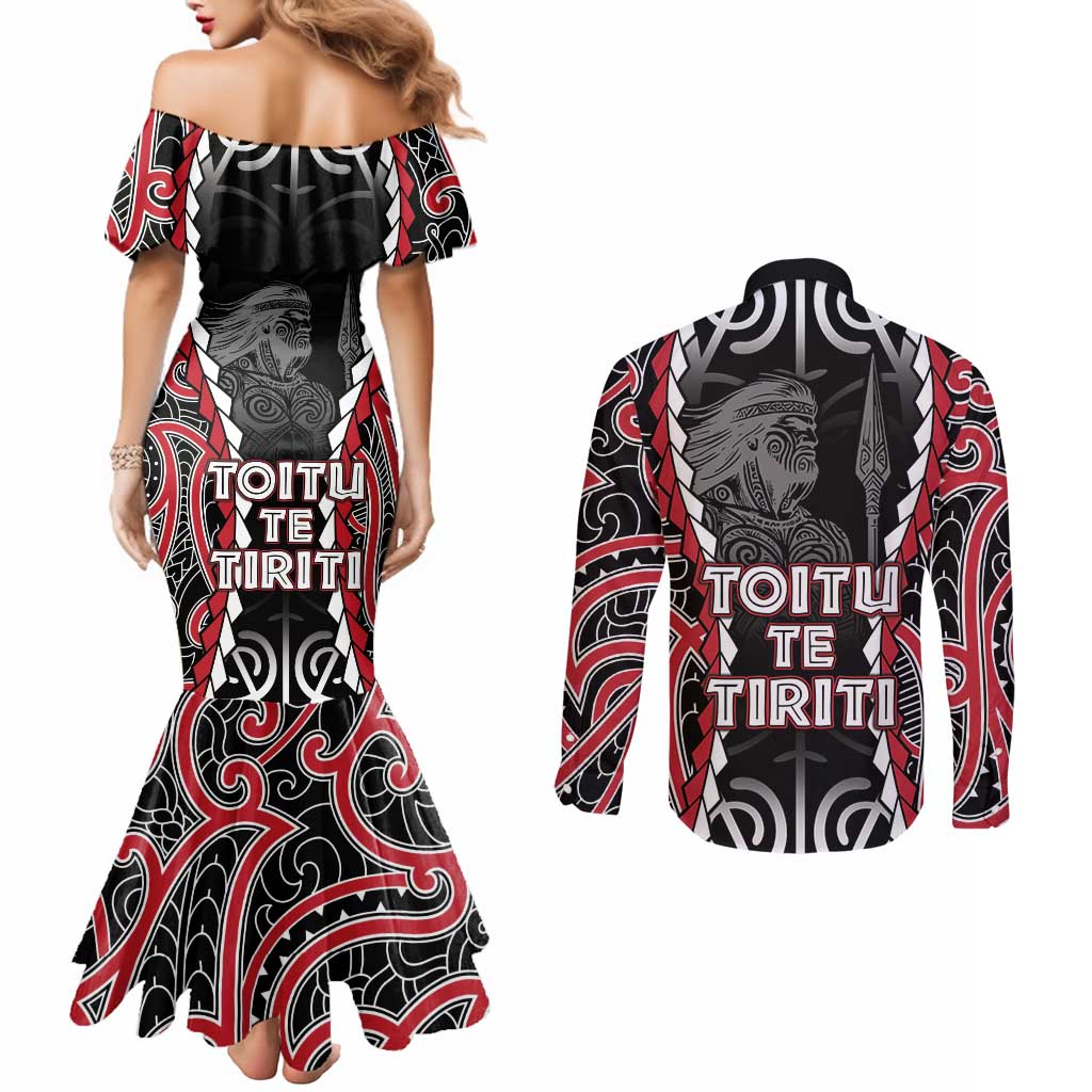 Aotearoa Waitangi Day Couples Matching Mermaid Dress and Long Sleeve Button Shirt Maori Warrior Tribal Tattoo LT05 - Polynesian Pride