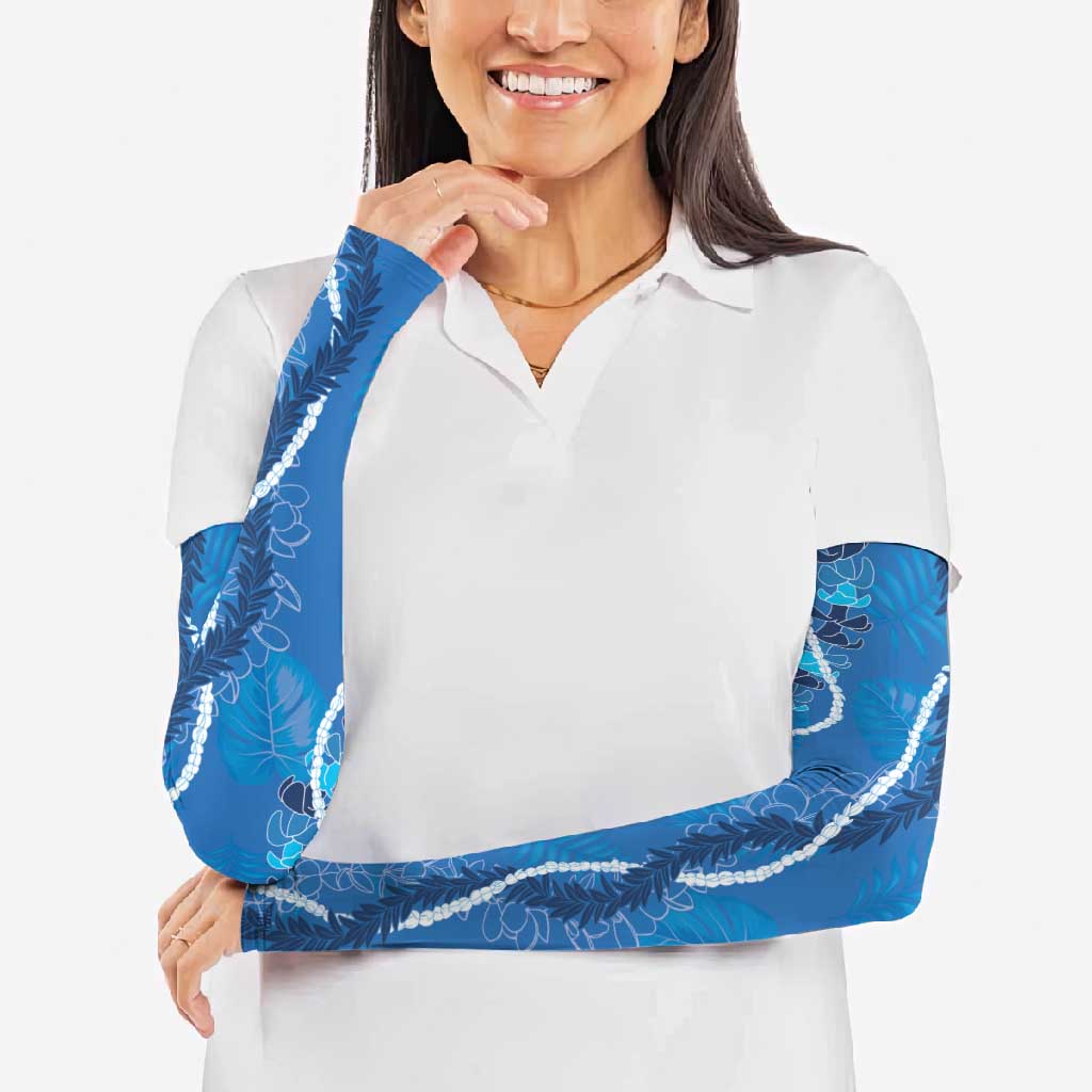 Hawaii Maile Lei Arm Sleeves With Blue Monstera Pattern - Polynesian Pride