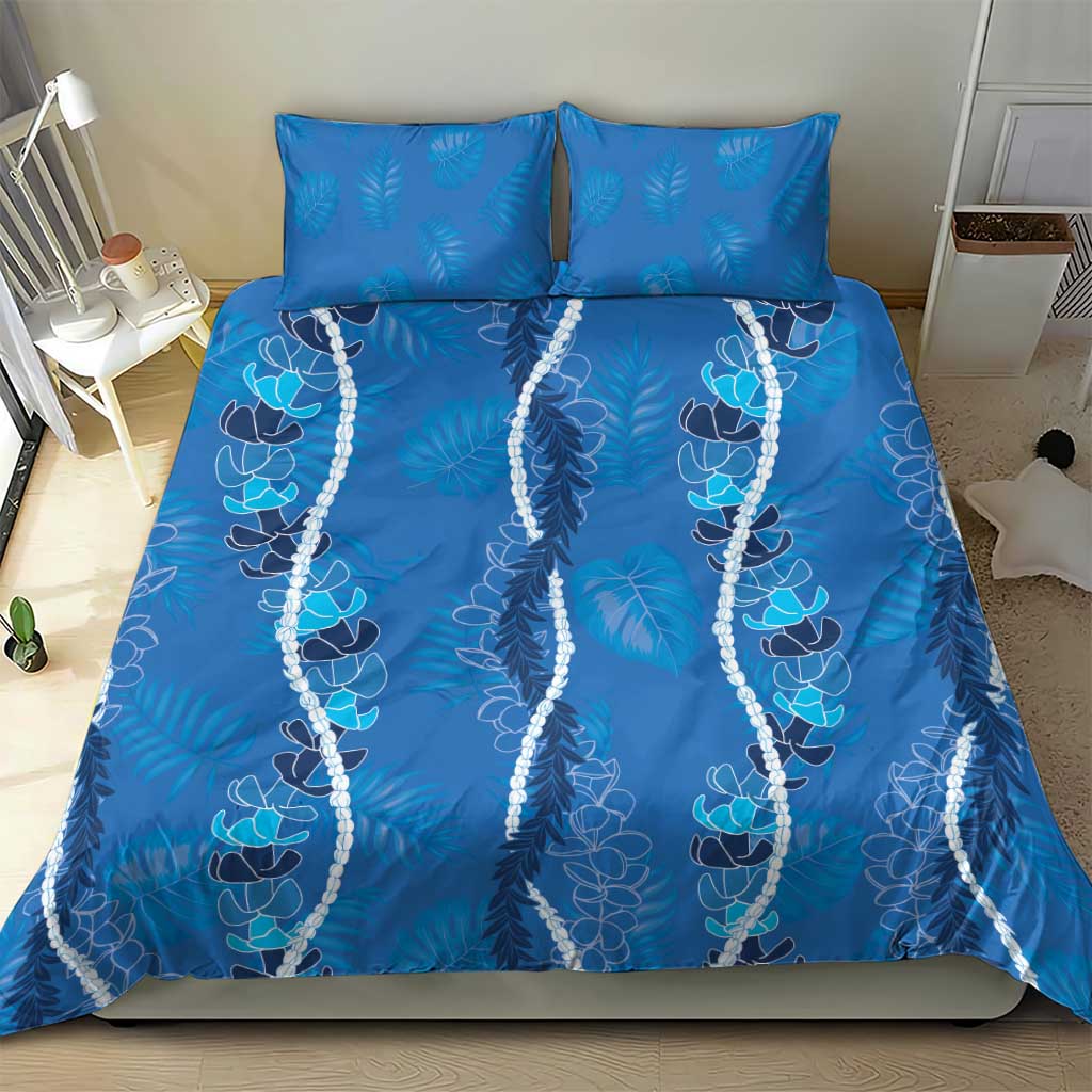 Hawaii Maile Lei Bedding Set With Blue Monstera Pattern LT05 - Polynesian Pride