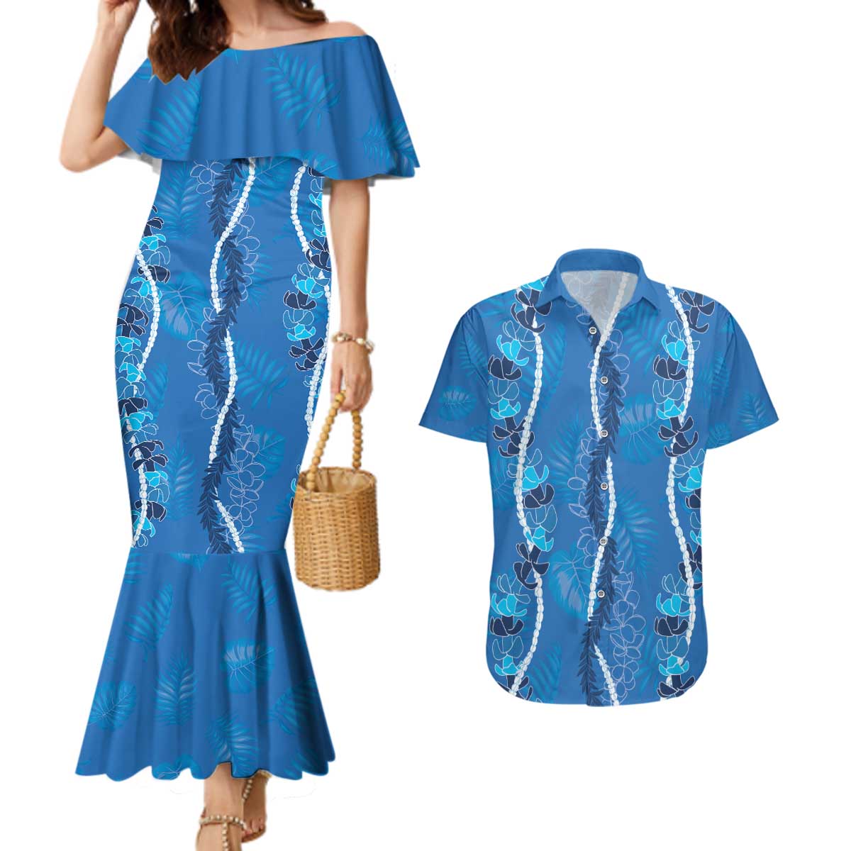 Hawaii Maile Lei Couples Matching Mermaid Dress and Hawaiian Shirt With Blue Monstera Pattern