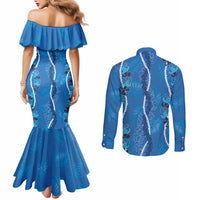 Hawaii Maile Lei Couples Matching Mermaid Dress and Long Sleeve Button Shirt With Blue Monstera Pattern LT05 - Polynesian Pride
