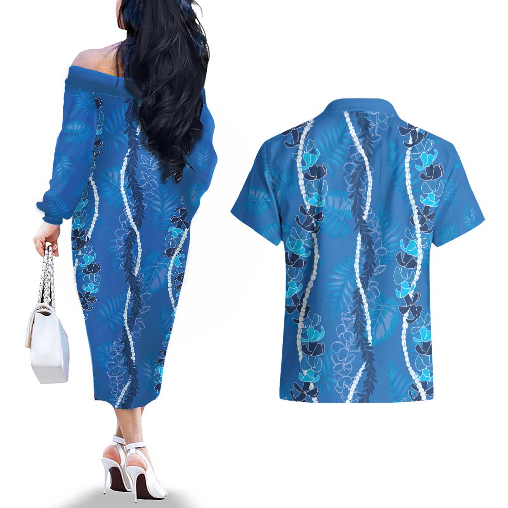 Hawaii Maile Lei Couples Matching Off The Shoulder Long Sleeve Dress and Hawaiian Shirt With Blue Monstera Pattern