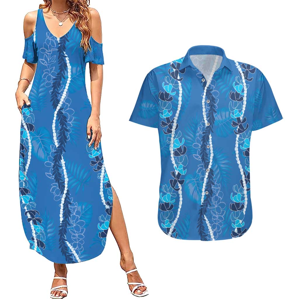 Hawaii Maile Lei Couples Matching Summer Maxi Dress and Hawaiian Shirt With Blue Monstera Pattern