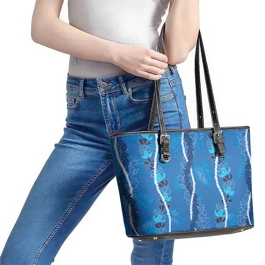 Hawaii Maile Lei Leather Tote Bag With Blue Monstera Pattern
