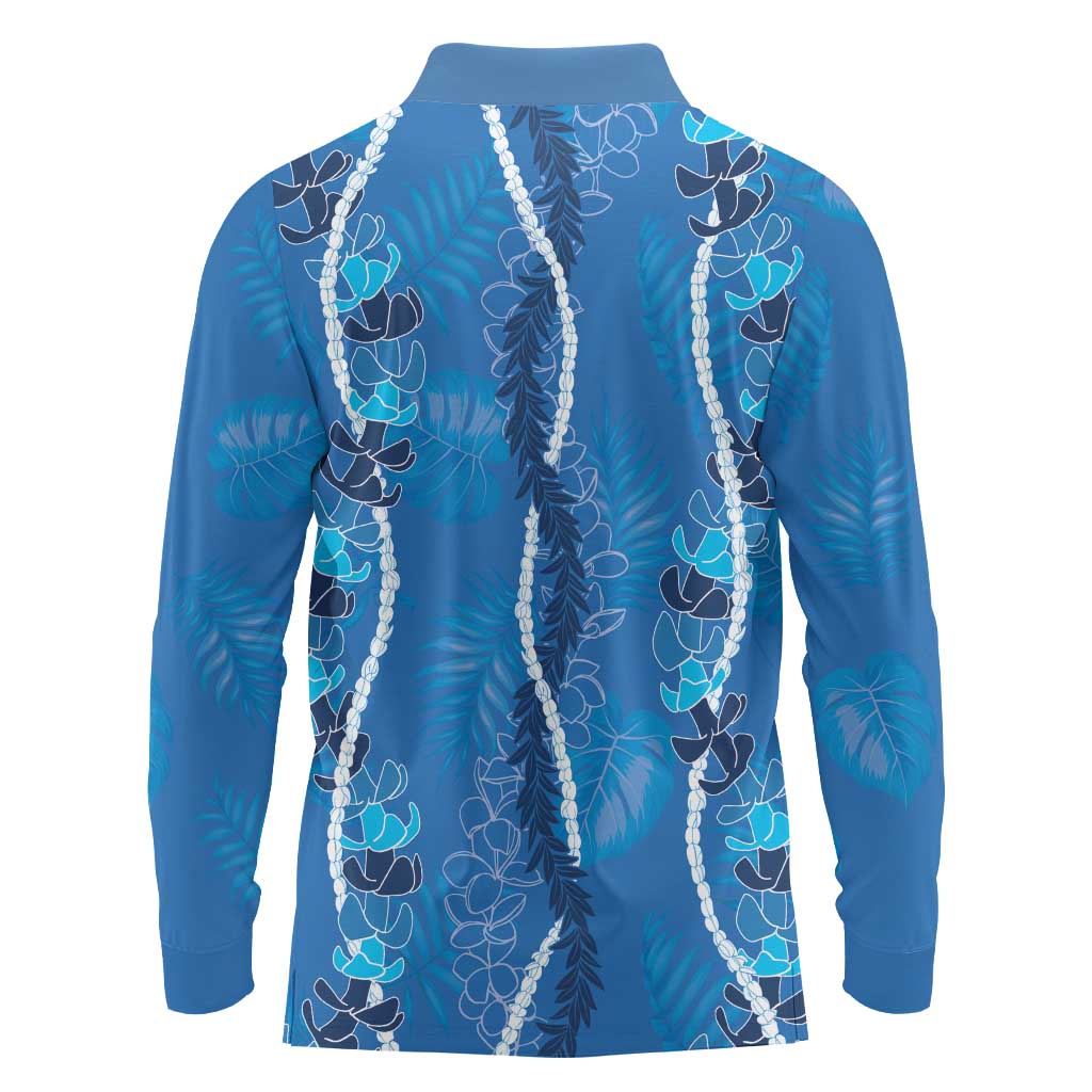 Hawaii Maile Lei Long Sleeve Polo Shirt With Blue Monstera Pattern