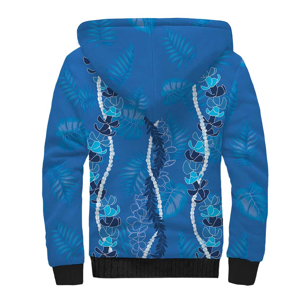 Hawaii Maile Lei Sherpa Hoodie With Blue Monstera Pattern