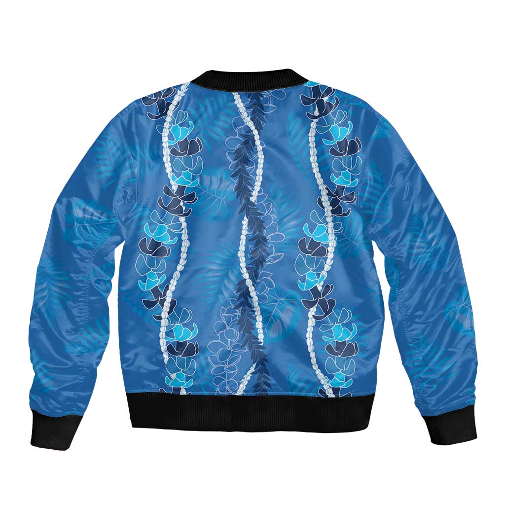 Hawaii Maile Lei Sleeve Zip Bomber Jacket With Blue Monstera Pattern