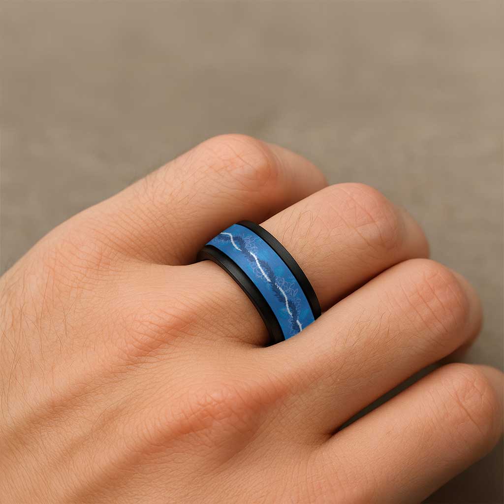 Hawaii Maile Lei Spinner Ring With Blue Monstera Pattern - Polynesian Pride