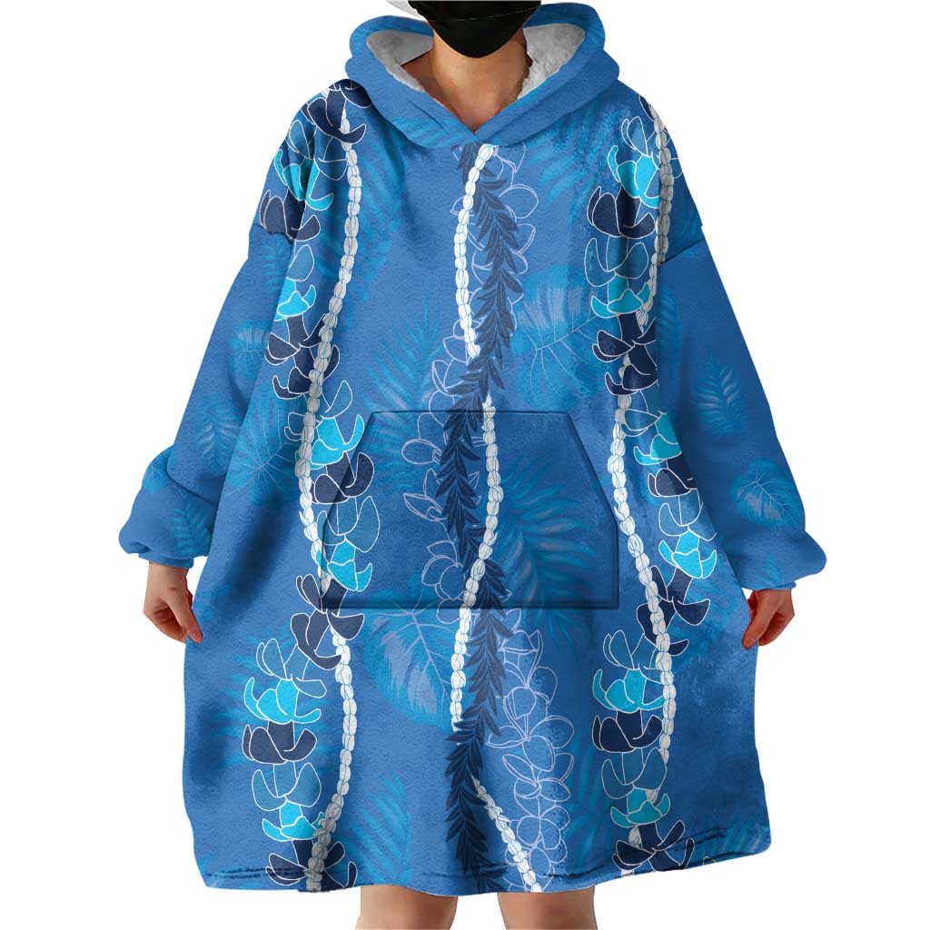 Hawaii Maile Lei Wearable Blanket Hoodie With Blue Monstera Pattern