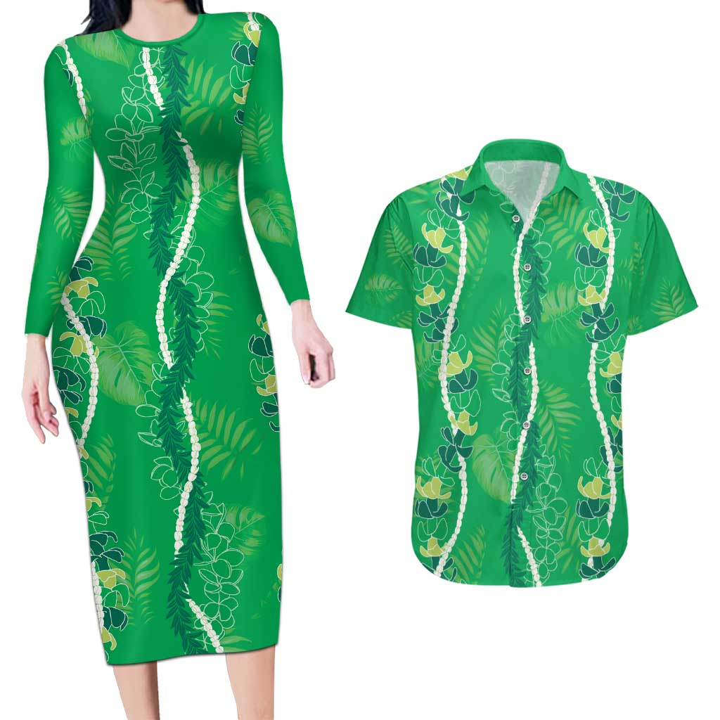Hawaii Maile Lei Couples Matching Long Sleeve Bodycon Dress and Hawaiian Shirt With Green Monstera Pattern