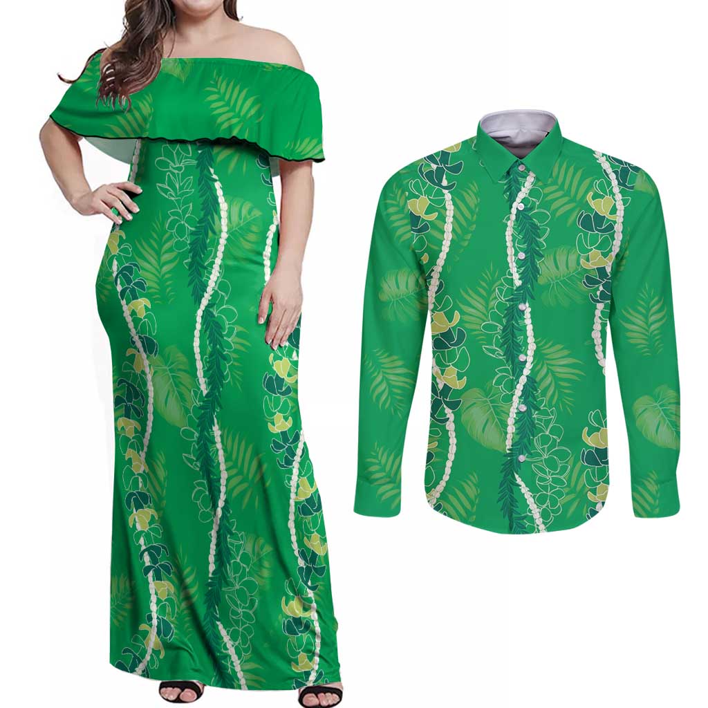 Hawaii Maile Lei Couples Matching Off Shoulder Maxi Dress and Long Sleeve Button Shirt With Green Monstera Pattern LT05 Green - Polynesian Pride