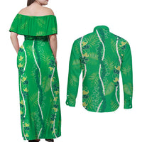 Hawaii Maile Lei Couples Matching Off Shoulder Maxi Dress and Long Sleeve Button Shirt With Green Monstera Pattern LT05 - Polynesian Pride