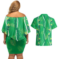 Hawaii Maile Lei Couples Matching Off Shoulder Short Dress and Hawaiian Shirt With Green Monstera Pattern