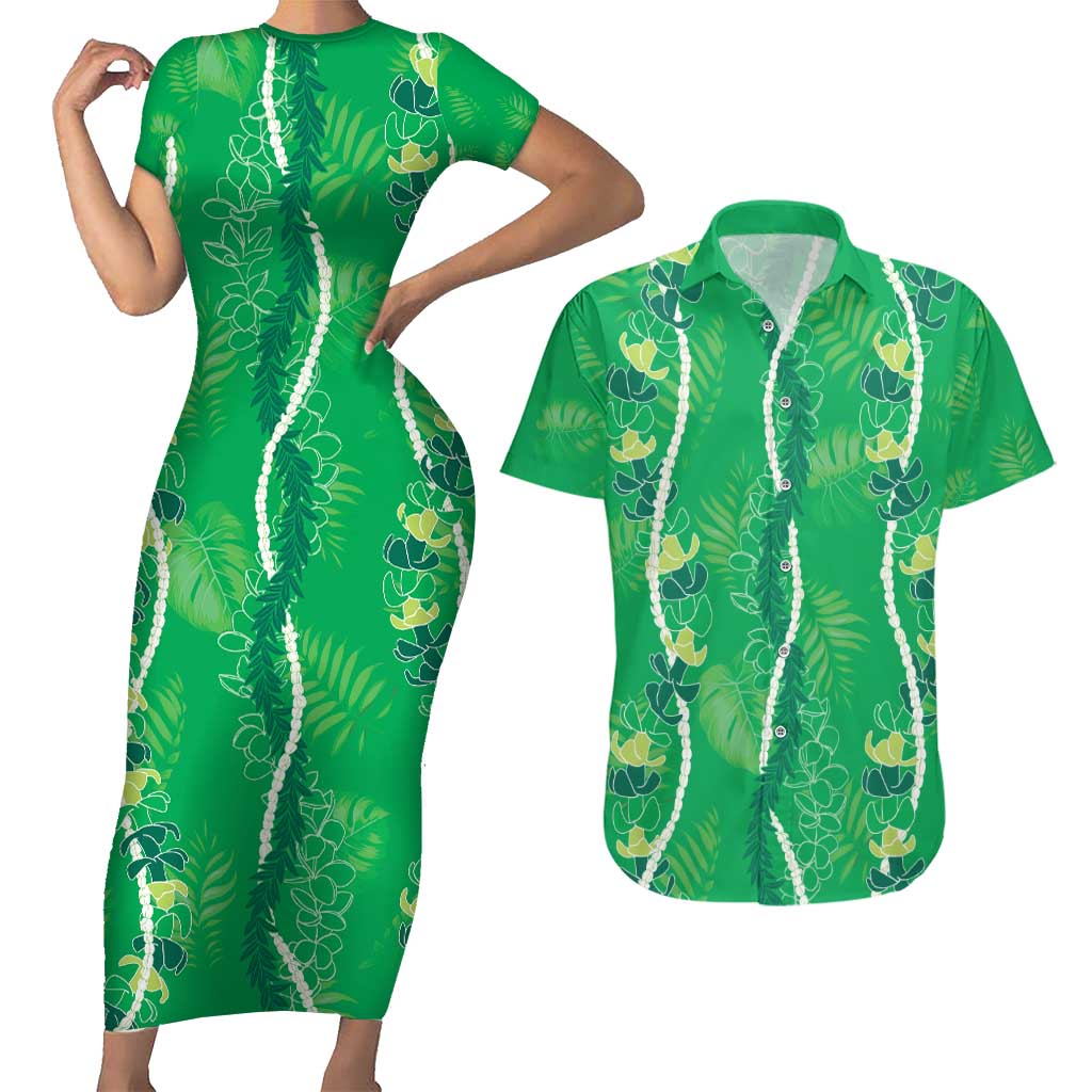 Hawaii Maile Lei Couples Matching Short Sleeve Bodycon Dress and Hawaiian Shirt With Green Monstera Pattern