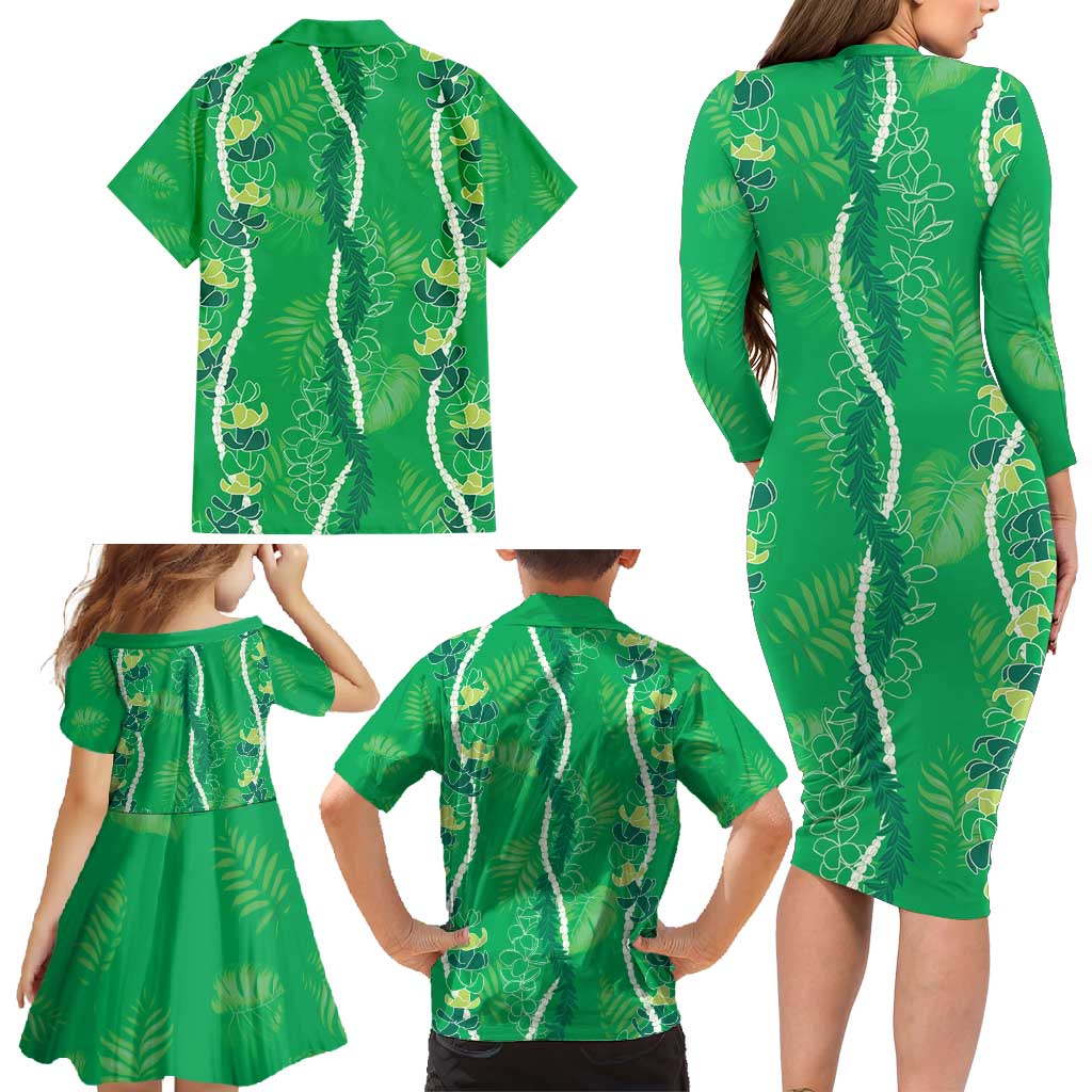 Hawaii Maile Lei Family Matching Long Sleeve Bodycon Dress and Hawaiian Shirt With Green Monstera Pattern