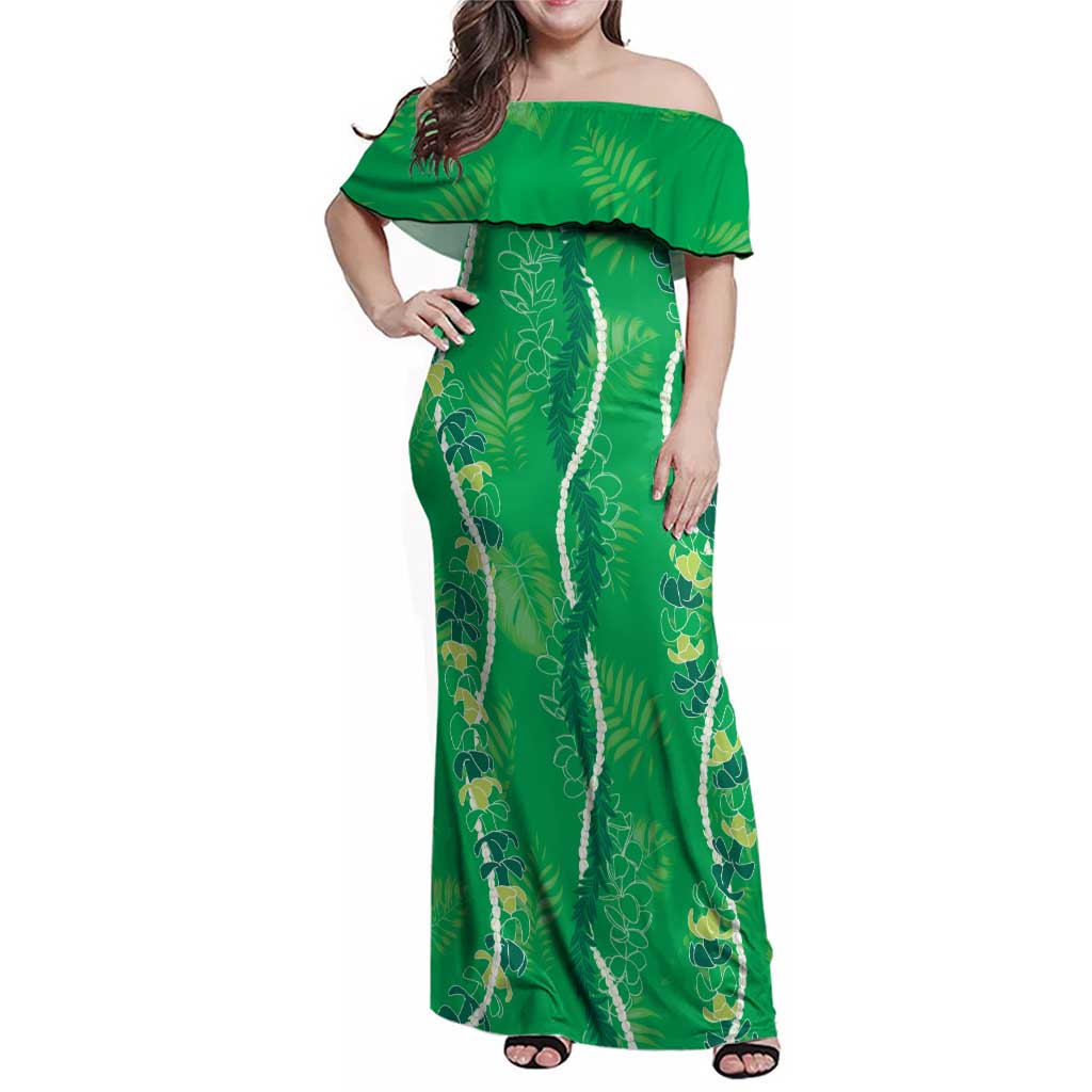 Hawaii Maile Lei Family Matching Off Shoulder Maxi Dress and Hawaiian Shirt With Green Monstera Pattern