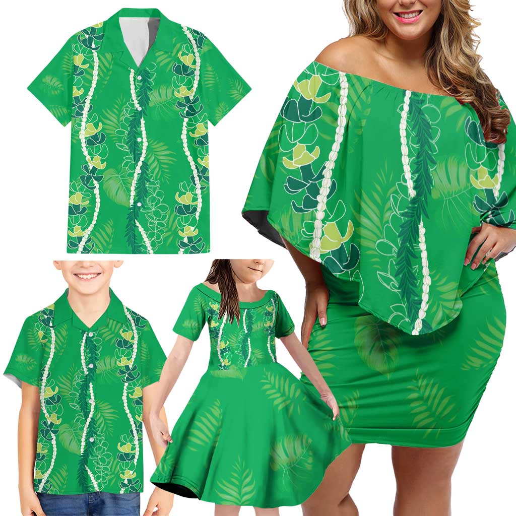 Hawaii Maile Lei Family Matching Off Shoulder Short Dress and Hawaiian Shirt With Green Monstera Pattern