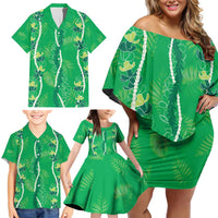 Hawaii Maile Lei Family Matching Off Shoulder Short Dress and Hawaiian Shirt With Green Monstera Pattern