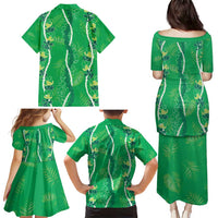 Hawaii Maile Lei Family Matching Puletasi and Hawaiian Shirt With Green Monstera Pattern