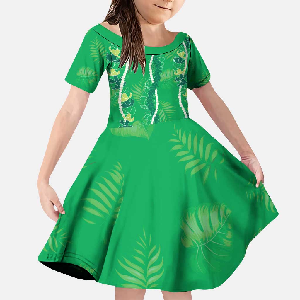 Hawaii Maile Lei Family Matching Short Sleeve Bodycon Dress and Hawaiian Shirt With Green Monstera Pattern