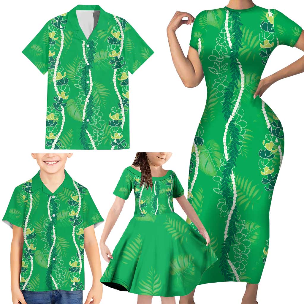 Hawaii Maile Lei Family Matching Short Sleeve Bodycon Dress and Hawaiian Shirt With Green Monstera Pattern