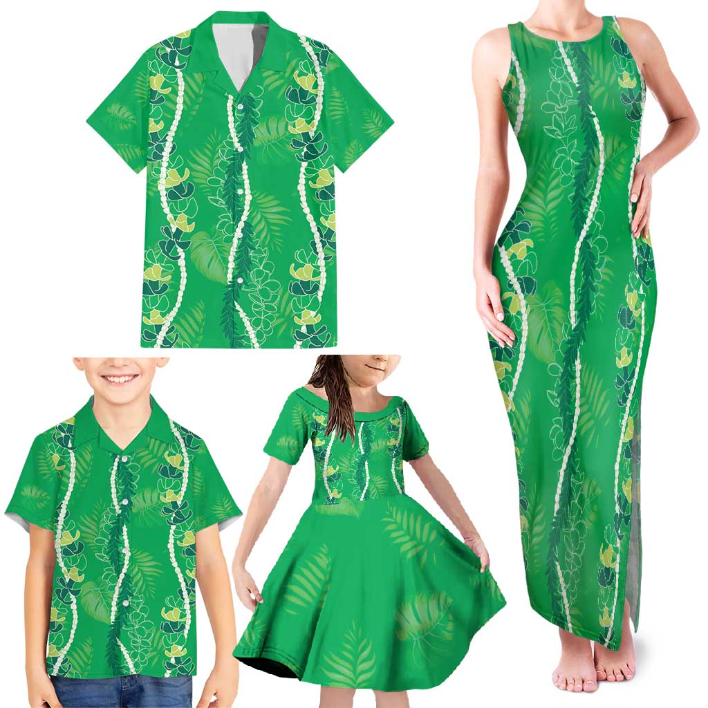 Hawaii Maile Lei Family Matching Tank Maxi Dress and Hawaiian Shirt With Green Monstera Pattern