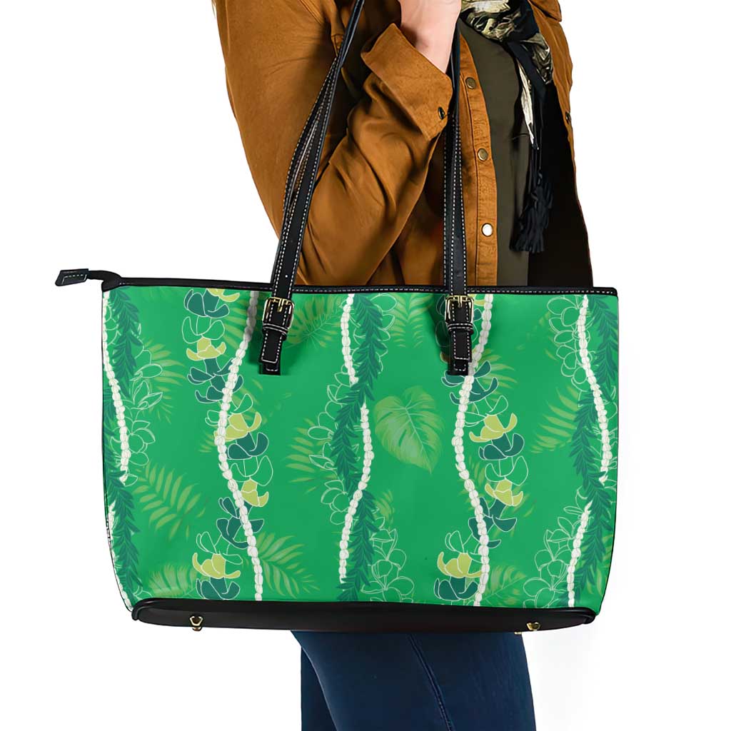 Hawaii Maile Lei Leather Tote Bag With Green Monstera Pattern