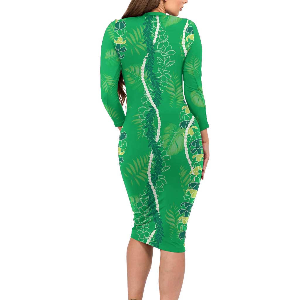 Hawaii Maile Lei Long Sleeve Bodycon Dress With Green Monstera Pattern