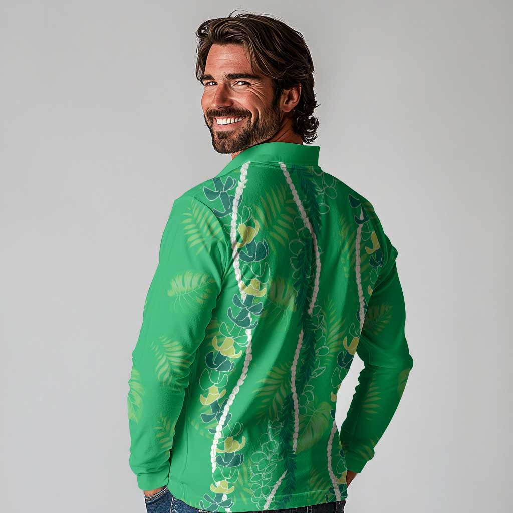 Hawaii Maile Lei Long Sleeve Polo Shirt With Green Monstera Pattern