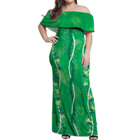 Hawaii Maile Lei Off Shoulder Maxi Dress With Green Monstera Pattern
