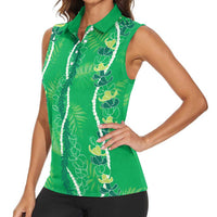 Hawaii Maile Lei Women Sleeveless Polo Shirt With Green Monstera Pattern