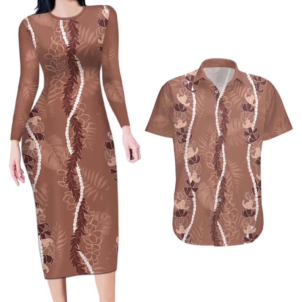 Hawaii Maile Lei Couples Matching Long Sleeve Bodycon Dress and Hawaiian Shirt With Brown Monstera Pattern