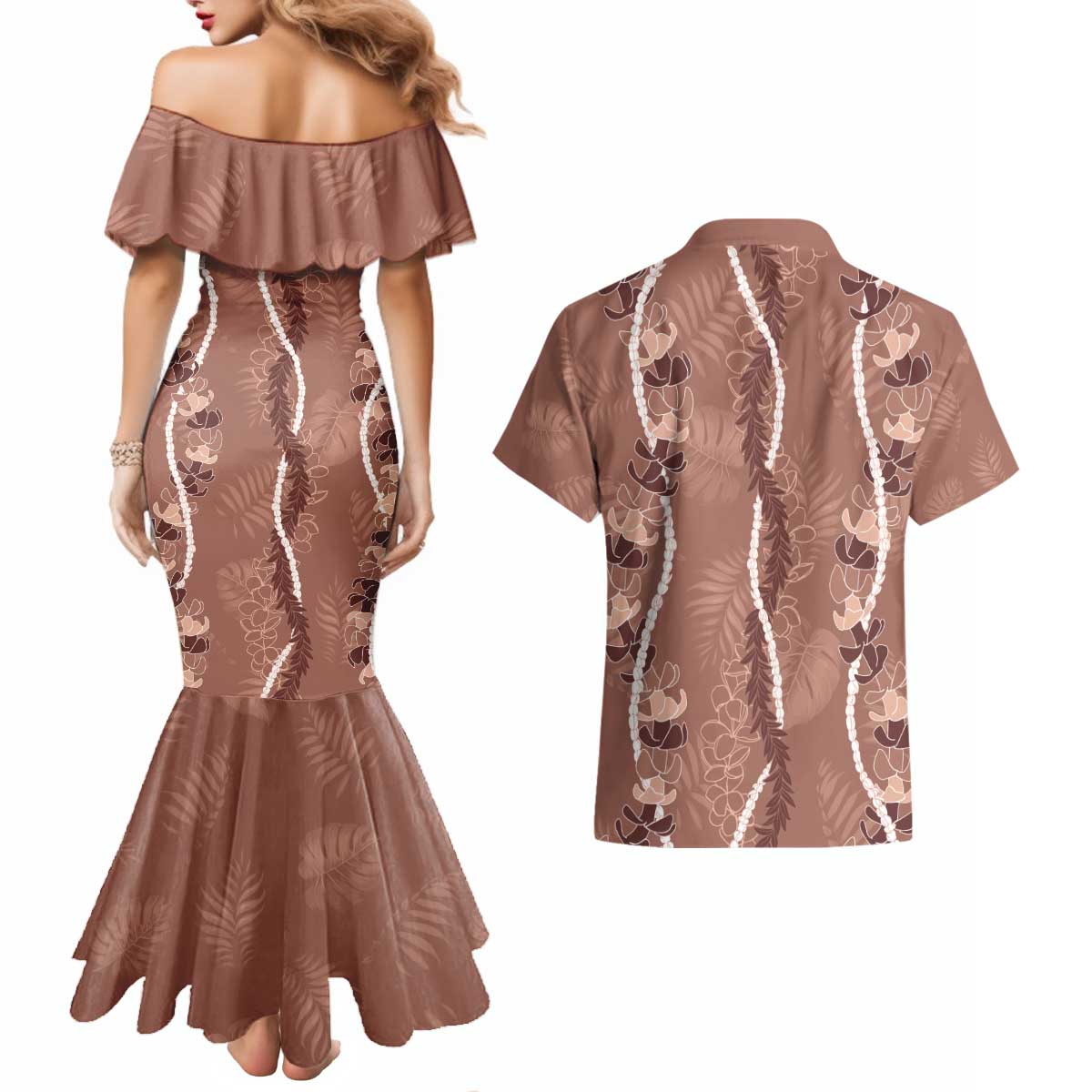 Hawaii Maile Lei Couples Matching Mermaid Dress and Hawaiian Shirt With Brown Monstera Pattern