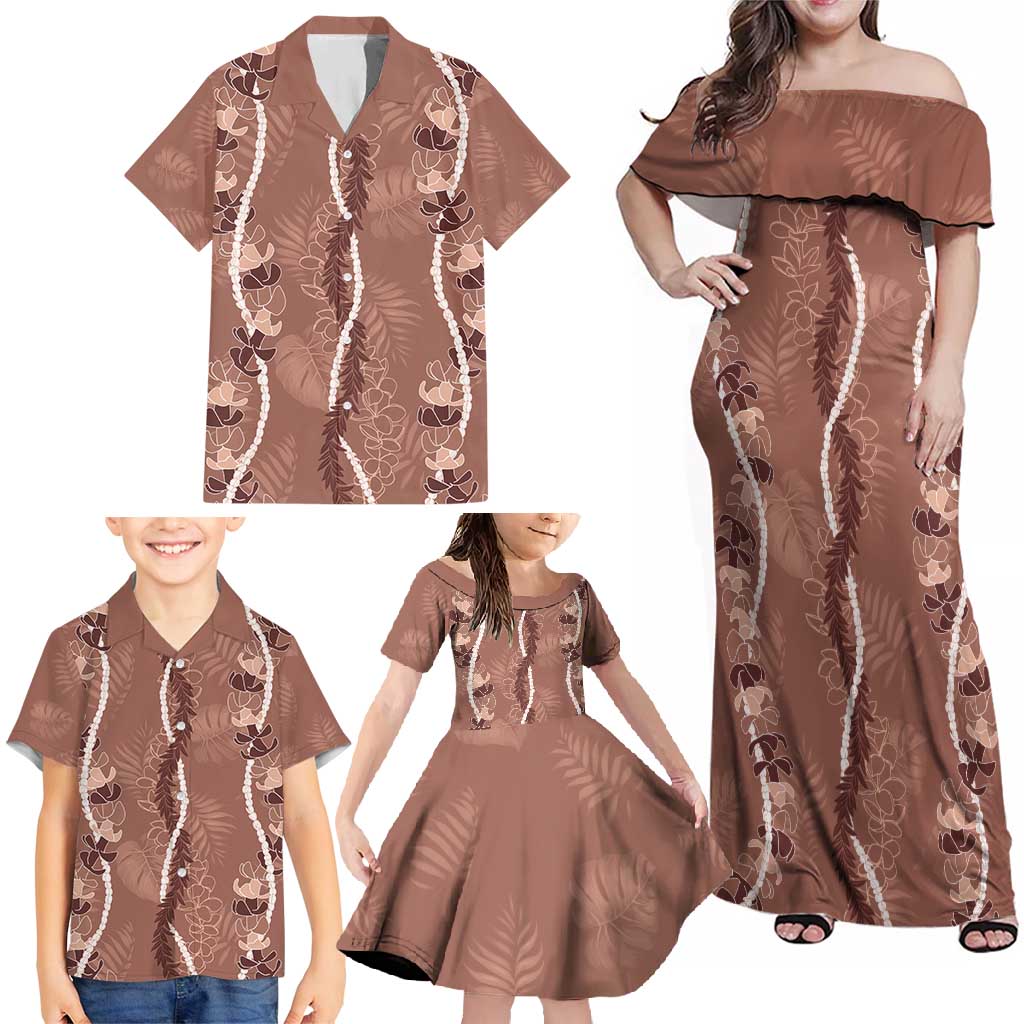 Hawaii Maile Lei Family Matching Off Shoulder Maxi Dress and Hawaiian Shirt With Brown Monstera Pattern