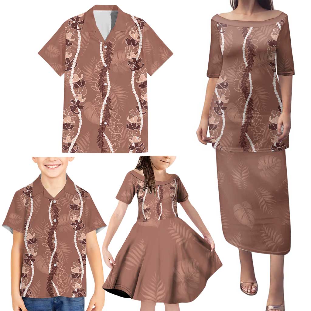 Hawaii Maile Lei Family Matching Puletasi and Hawaiian Shirt With Brown Monstera Pattern