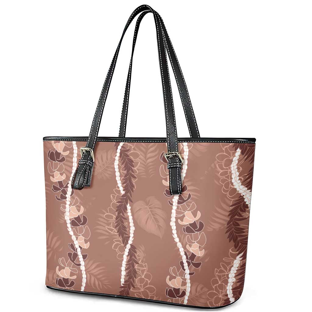 Hawaii Maile Lei Leather Tote Bag With Brown Monstera Pattern