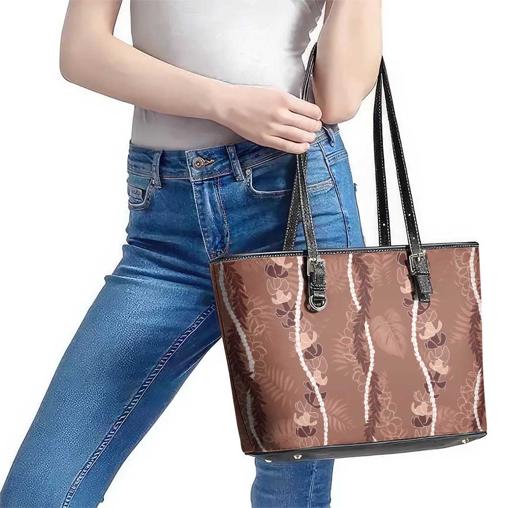 Hawaii Maile Lei Leather Tote Bag With Brown Monstera Pattern