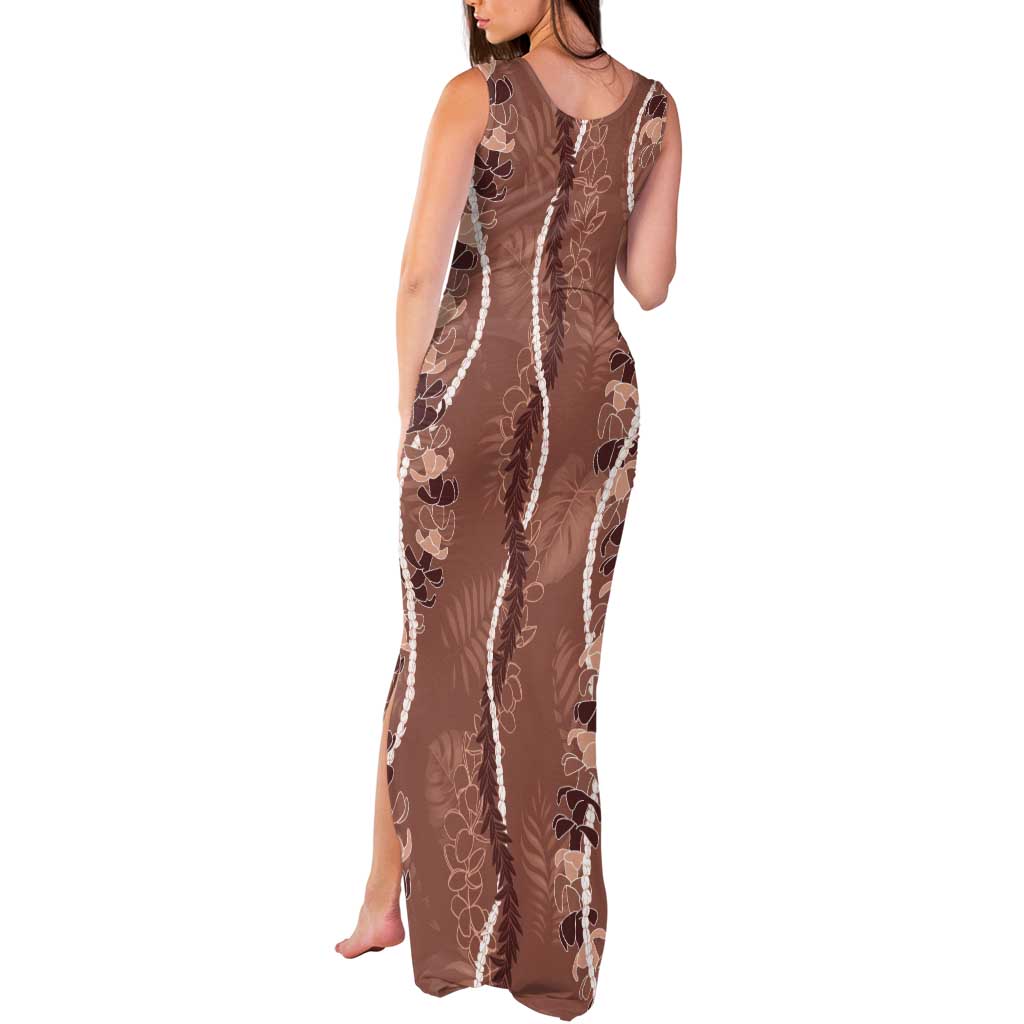 Hawaii Maile Lei Tank Maxi Dress With Brown Monstera Pattern