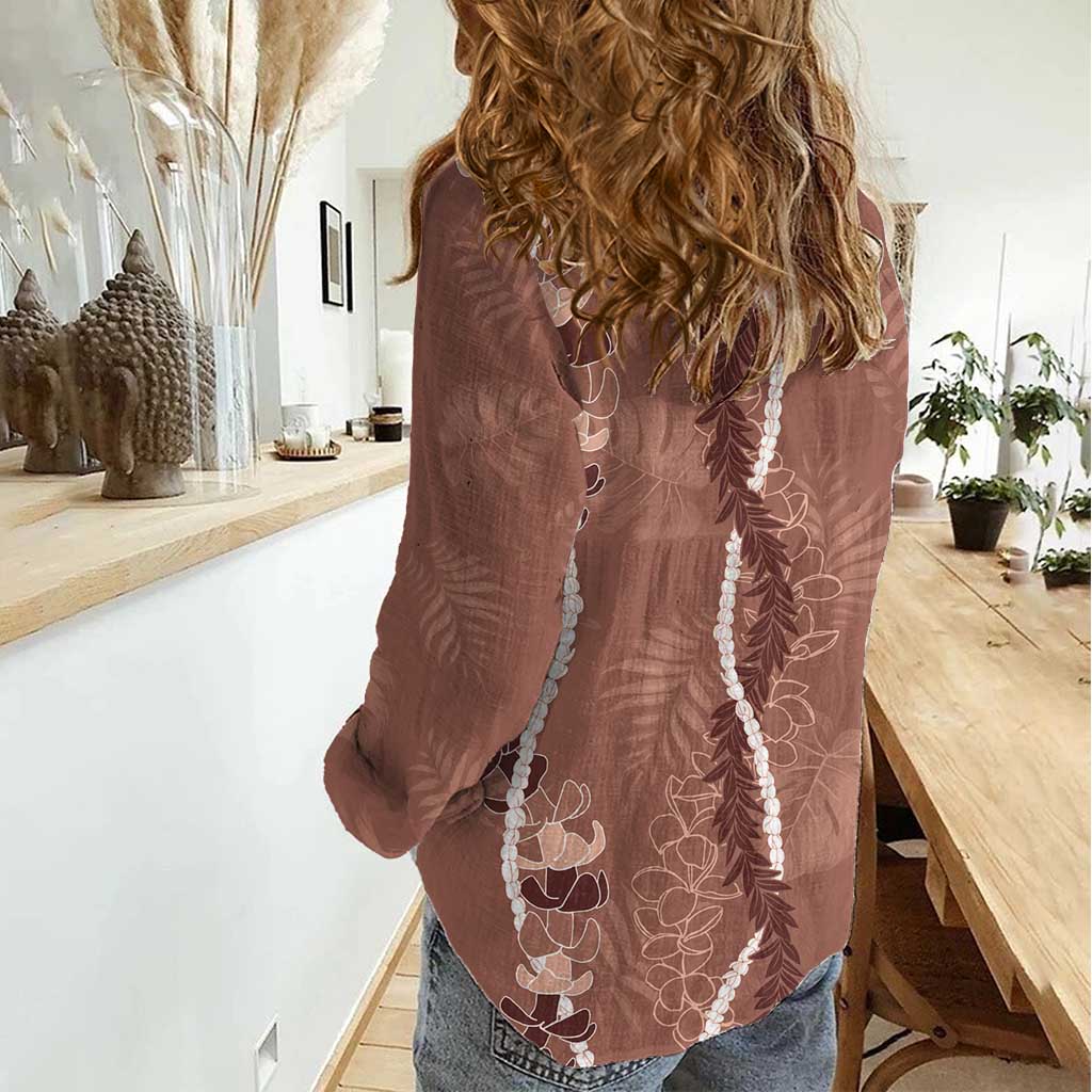 Hawaii Maile Lei Women Casual Shirt With Brown Monstera Pattern