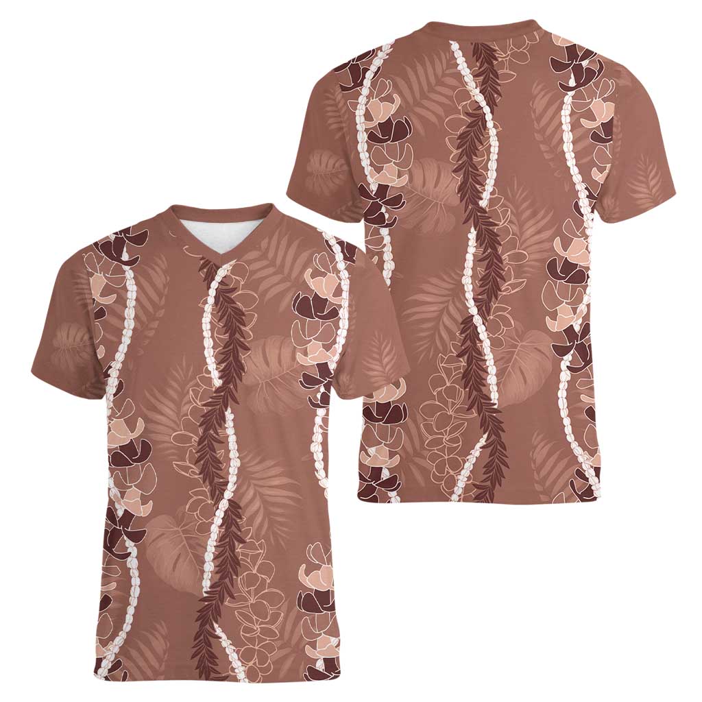 Hawaii Maile Lei Women V-Neck T-Shirt With Brown Monstera Pattern LT05 - Polynesian Pride