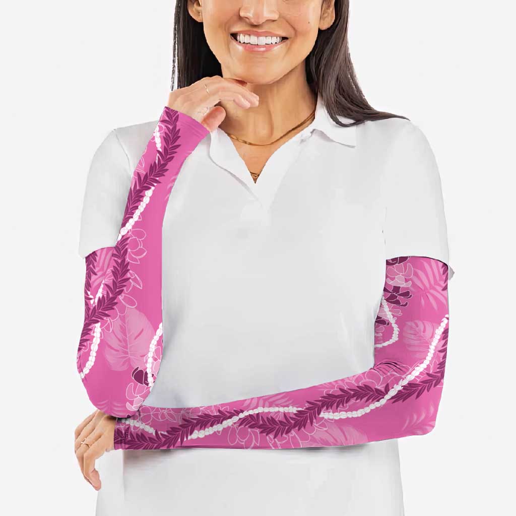 Hawaii Maile Lei Arm Sleeves With Pink Monstera Pattern - Polynesian Pride