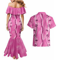 Hawaii Maile Lei Couples Matching Mermaid Dress and Hawaiian Shirt With Pink Monstera Pattern