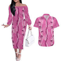 Hawaii Maile Lei Couples Matching Off The Shoulder Long Sleeve Dress and Hawaiian Shirt With Pink Monstera Pattern