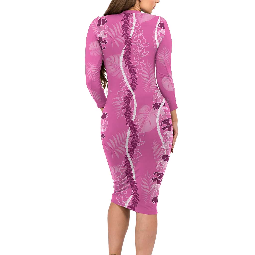 Hawaii Maile Lei Family Matching Long Sleeve Bodycon Dress and Hawaiian Shirt With Pink Monstera Pattern